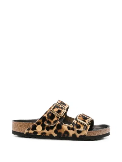 Birkenstock Arizona Leopard-print Faux-fur Sandals With Gold-tone Buckles In Marrone