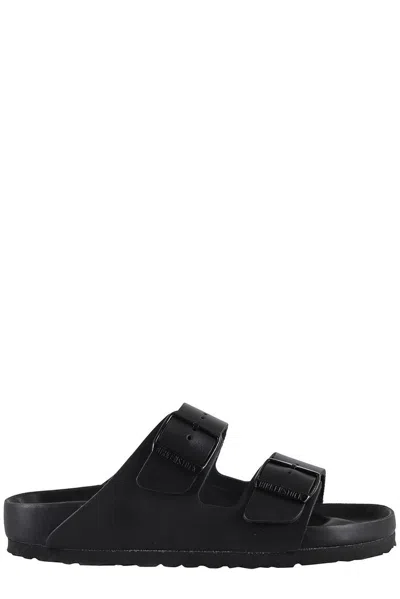 Birkenstock Black Leather Platform Sandals With Two Straps And Metal Buckles