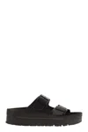 Birkenstock Black Leather Platform Sandals With Two Straps And Metal Buckles