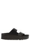 Birkenstock Black Leather Platform Sandals With Two Straps And Metal Buckles
