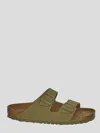 Birkenstock Arizona Velour Leather Soft Bed Faded Khaki Narrow Width In No-color