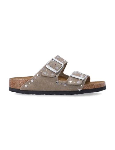 Birkenstock Arizona Rivet Taupe Suede Leather Sandals In Brown