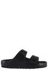 Birkenstock Black Leather Platform Sandals With Two Straps And Metal Buckles In Black