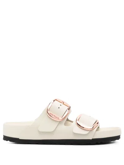 Birkenstock Arizona Big Buckle Patent Leather Slides In Ecru