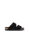 Birkenstock Arizona Shearling Slides With Large Buckle In Black