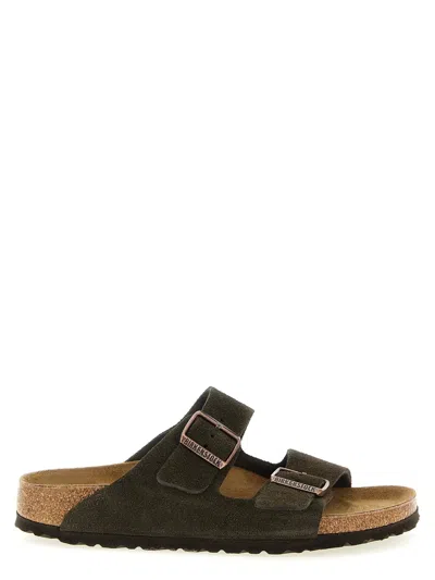 Birkenstock Dark Brown Suede Arizona Slippers In Metallic