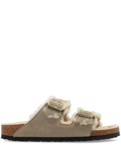 Birkenstock Arizona Suede Shearling Dual-buckle Slide Sandals In Beige