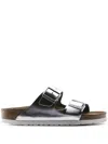 Birkenstock Arizona Soft Footbed Natural Leather Slide In Metallic Silver