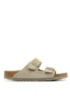 Birkenstock Arizona Velour Leather Soft Bed Faded Khaki Narrow Width In Animal Print