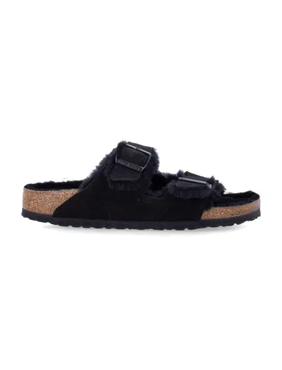 Birkenstock Arizona Womens Suede Fur Lined Footbed Sandals In Black