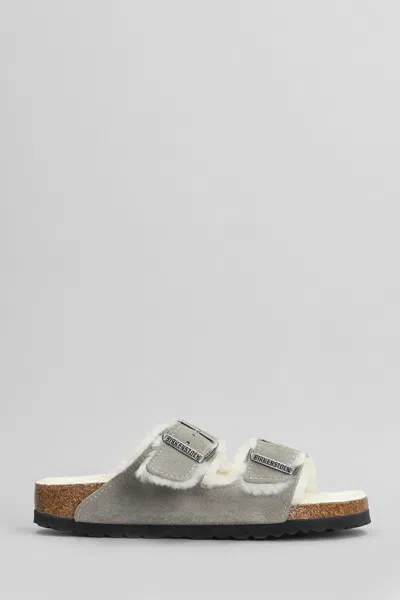 Birkenstock Arizona Shearling Flats In Grey Suede In Gray