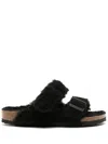 Birkenstock Arizona Shearling Slides With Large Buckle In Black