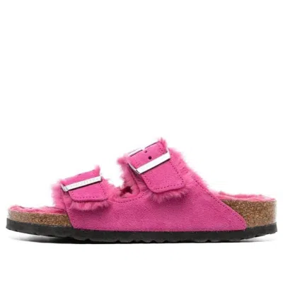 Birkenstock Arizona Shearling Suede Leather Narrow Fit Sandals 'fuchsia Tulip' In Pink