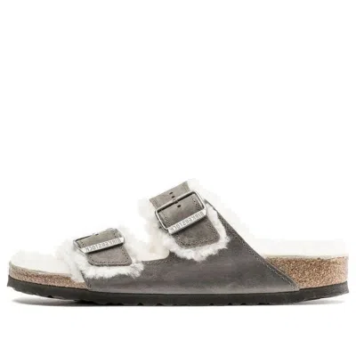 Birkenstock Arizona Shearling Waxy Leather Oiled 'iron' In Gray