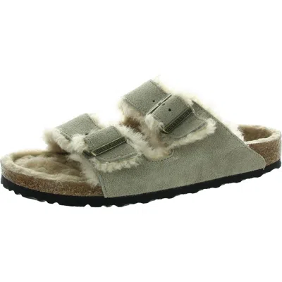 Birkenstock Arizona Shearling Womens Suede Slip On Slide Sandals In Grey