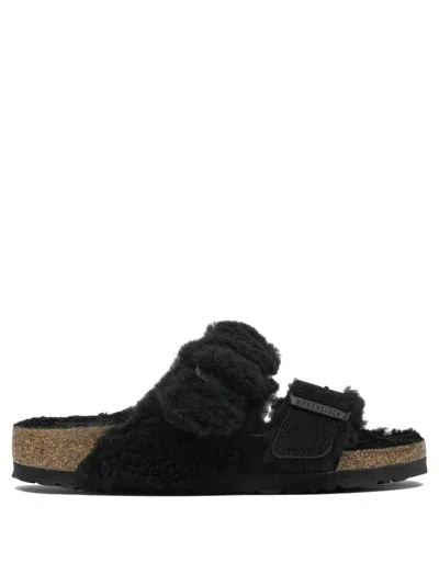 Birkenstock "arizona" Split Shearl Teddy Suede Leather Slippers In Black