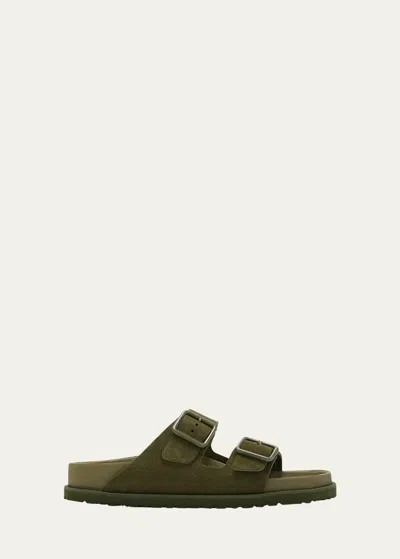 Birkenstock Arizona Suede Dual-buckle Slide Sandals In Moss