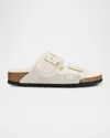 Birkenstock Arizona Suede Shearling Dual-buckle Slide Sandals In Antique Whiteantique White