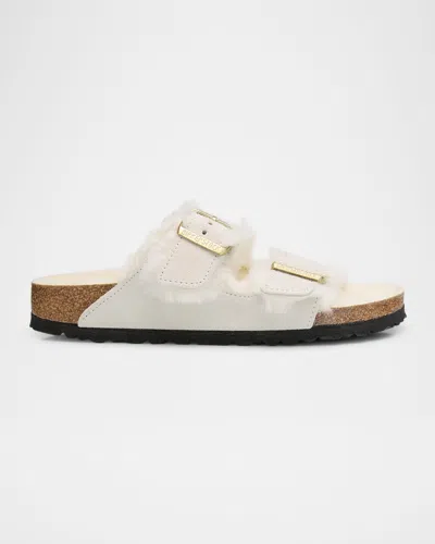 BIRKENSTOCK ARIZONA SUEDE SHEARLING DUAL-BUCKLE SLIDE SANDALS