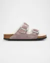 Birkenstock Arizona Suede Shearling Dual-buckle Slide Sandals In Faded Purple