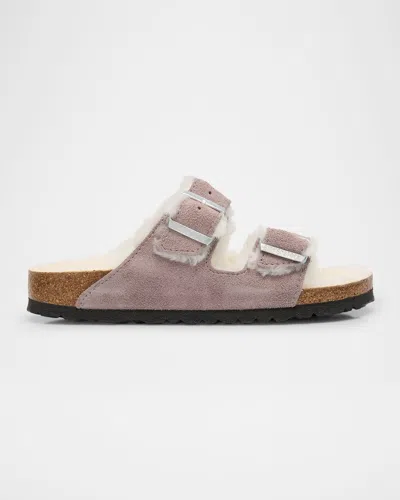 Birkenstock Arizona Suede Shearling Dual-buckle Slide Sandals In Faded Purple