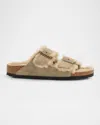 Birkenstock Arizona Suede Shearling Dual-buckle Slide Sandals In Beige