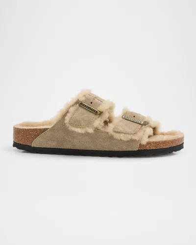 Birkenstock Arizona Suede Shearling Dual-buckle Slide Sandals In Beige