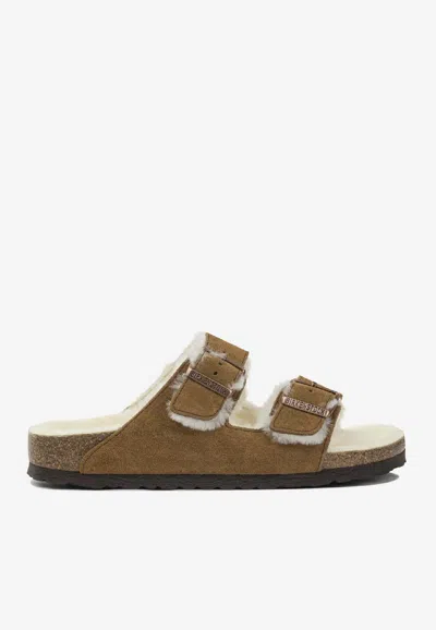 Birkenstock Arizona Suede Shearling Sandals In Nude