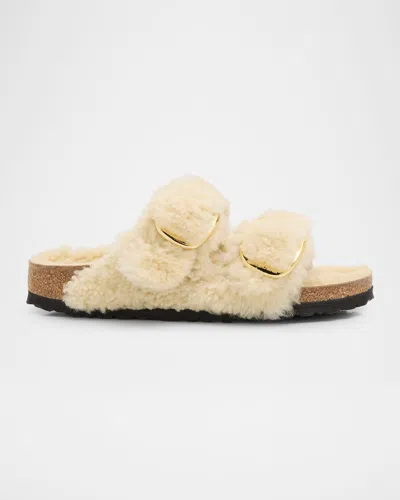 Birkenstock Arizona Teddy Shearling Dual Buckle Sandals In Eggshell