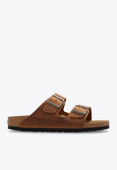 Birkenstock Arizona Two-strap Leather Slides In Brown