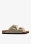 Birkenstock Arizona Suede Shearling Dual-buckle Slide Sandals In Taupe