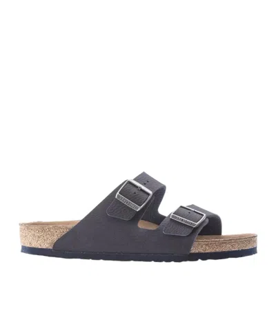 Birkenstock Black Leather Arizona Slippers In Gray