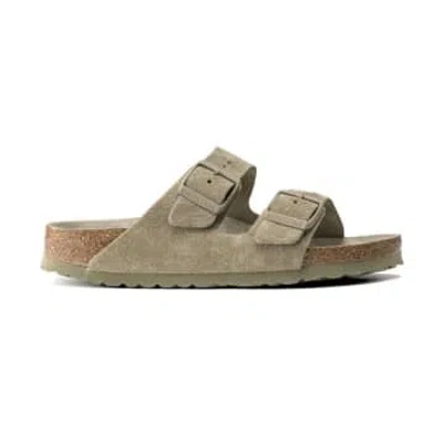 Birkenstock Arizona Velour Leather Soft Bed Faded Khaki Narrow Width In Neutrals