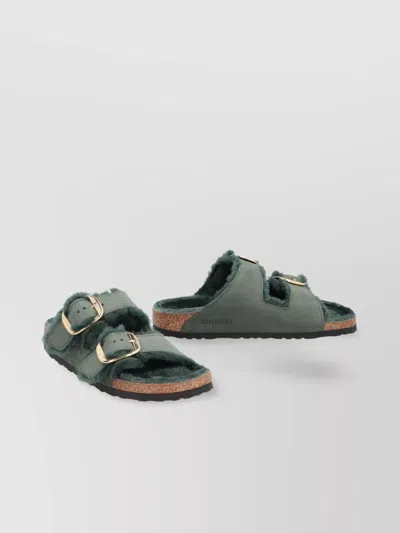 Birkenstock Big Buckle Leather Slides With Cork Sole In Green