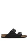 Birkenstock Black Leather Arizona Slippers In Black