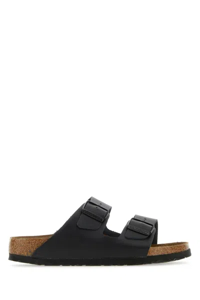 Birkenstock Arizona Bs Leather Slides With Buckle In Black