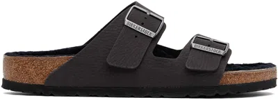 Birkenstock Black Regular Arizona Shearling Sandals In Desert Dust Black