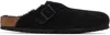 Birkenstock Suede Leather Emblem Buckle Slippers In Black Suede/shearlin