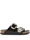 Birkenstock Black Vitello Sandals With Gold-tone Buckles In Black