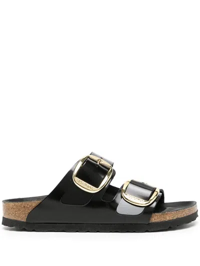 BIRKENSTOCK BLACK VITELLO SANDALS WITH GOLD-TONE BUCKLES