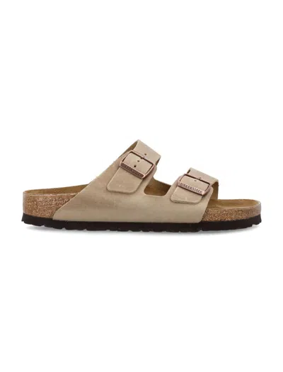 Birkenstock Arizona Slippers In Grey Suede In Tabacco Brown