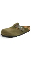 Birkenstock Military Green Suede Boston Slippers In Thyme
