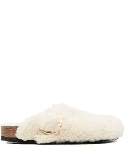 Birkenstock Teddy Lambskin Slippers Big Buckle In White