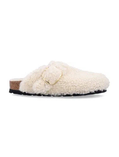 Birkenstock Shearling Boston Big Buckle Mule In Neutral