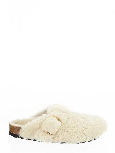 Birkenstock Boston Buckle Shearling Mules In Beige