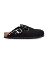 Birkenstock Boston Black Suede Mules With Studs In Black
