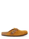 Birkenstock Round Toe Buckle-detailing Suede Mules In Beige