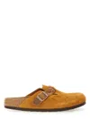 Birkenstock Round Toe Buckle-detailing Suede Mules In Beige