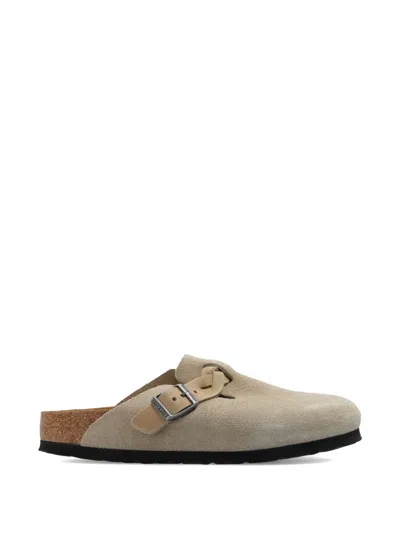Birkenstock Boston Braided Suede Flat Mules In Gray