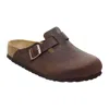 Birkenstock Leather Buckle Detail Slippers With Open Back In Brown